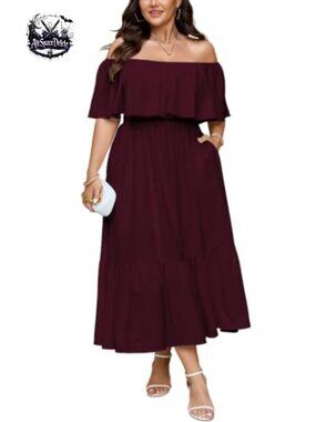 Plus Size Off Shoulder Maxi Dress Smocked Waist Pockets Wedding Guest